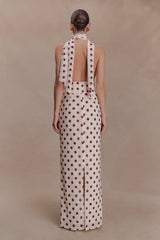 Nadine Halter Chiffon Maxi Dress - Ivory/Merlot Polka Dot